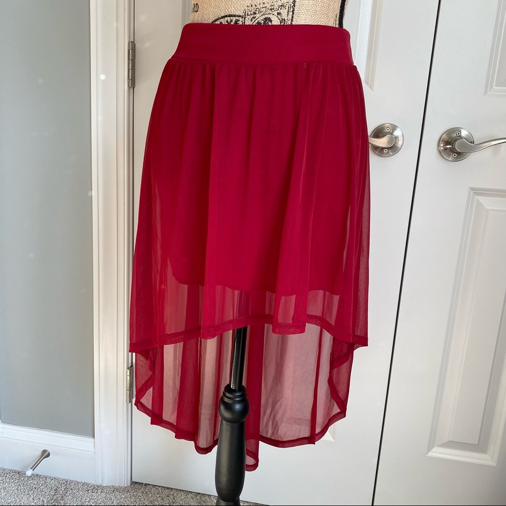Red mesh high low skirt